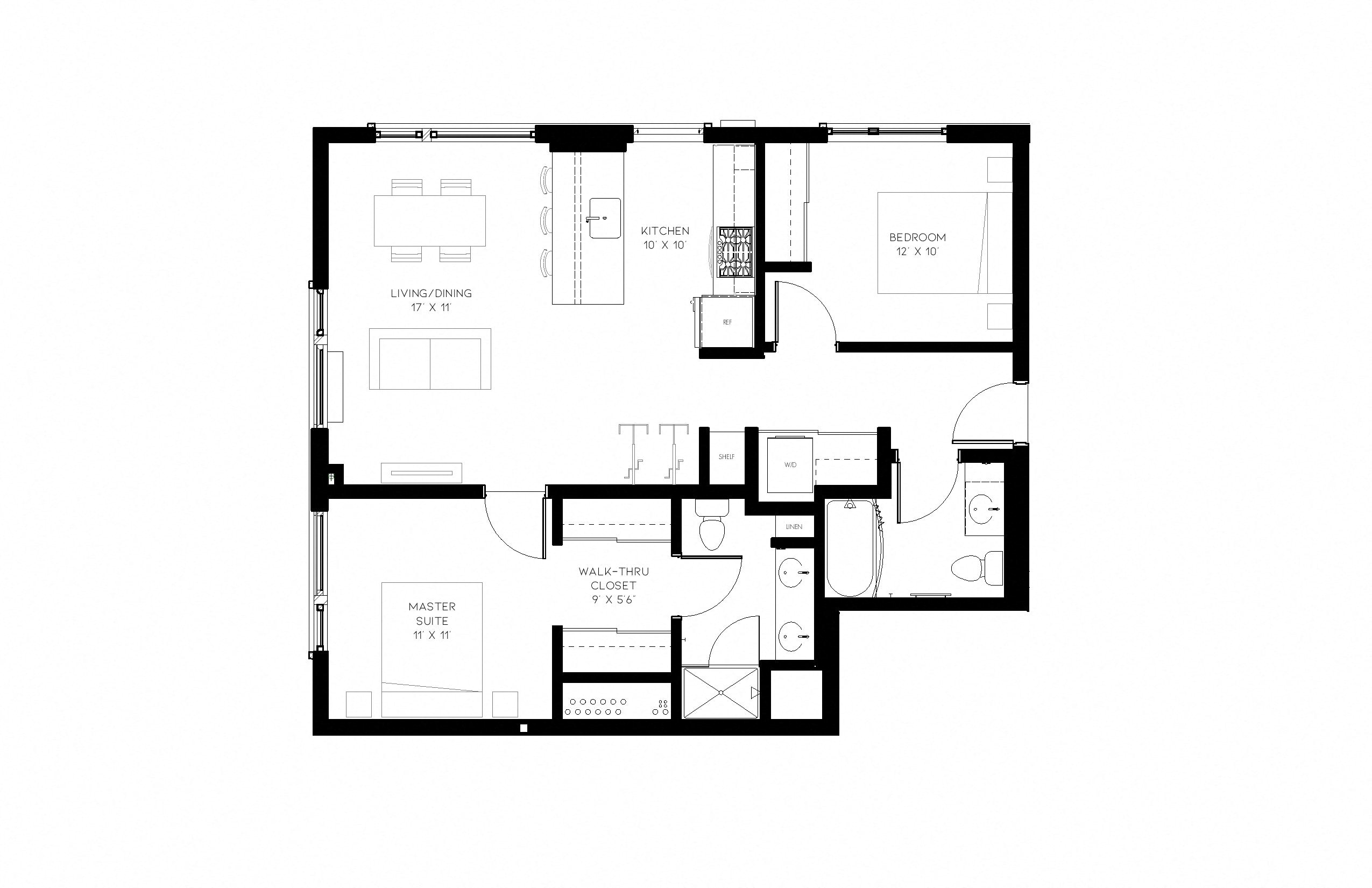 Floor plan for 2 beds, 2 baths, 995 sqft